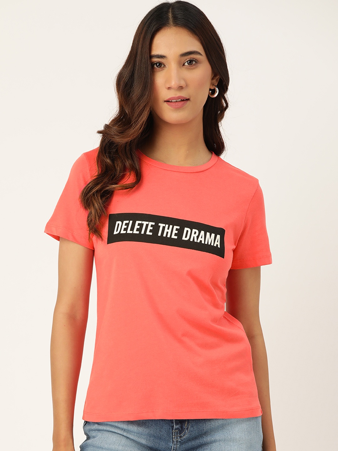 

Madame Women Pink & Black Pure Cotton Printed Round Neck T-shirt