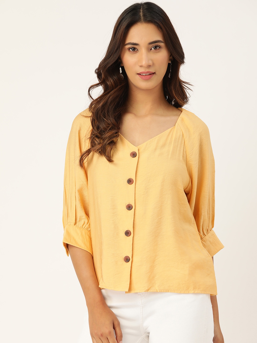 

Madame Women Yellow Solid Puff Sleeves Regular Top