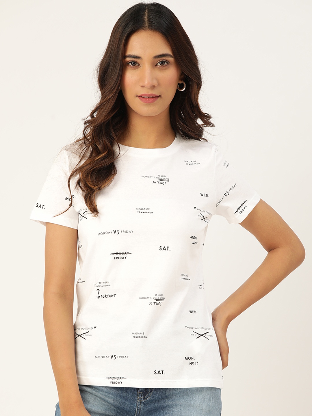 

Madame Women White & Black Pure Cotton Printed Round Neck T-shirt
