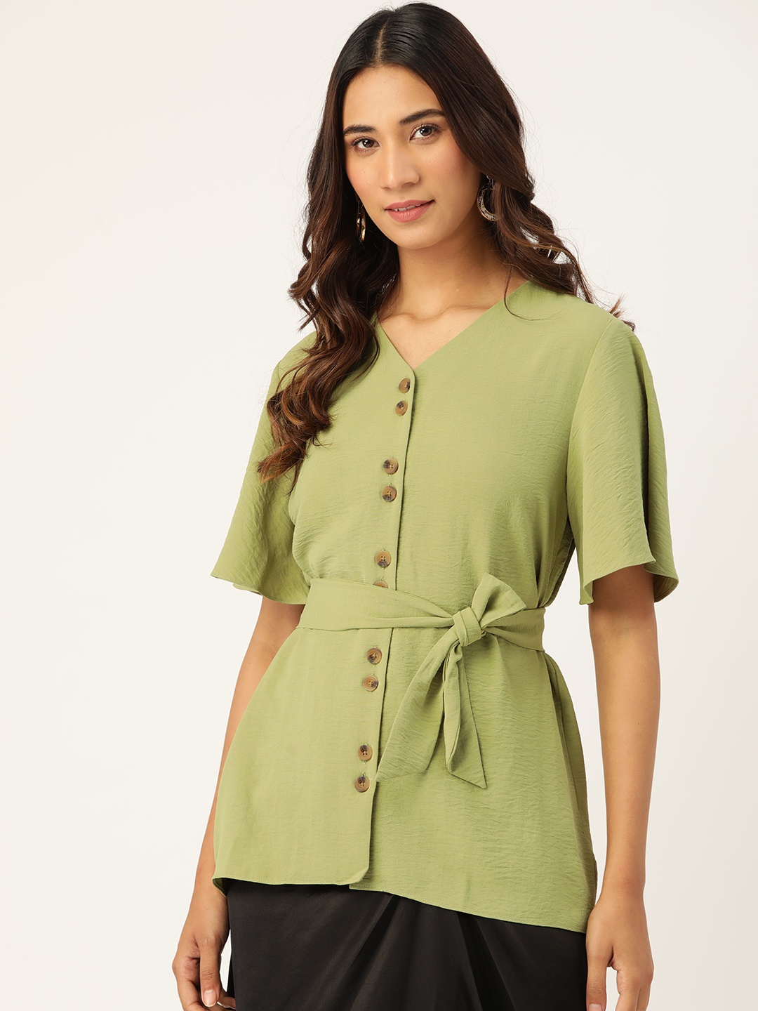 

Madame Green Solid Cinched Waist Top
