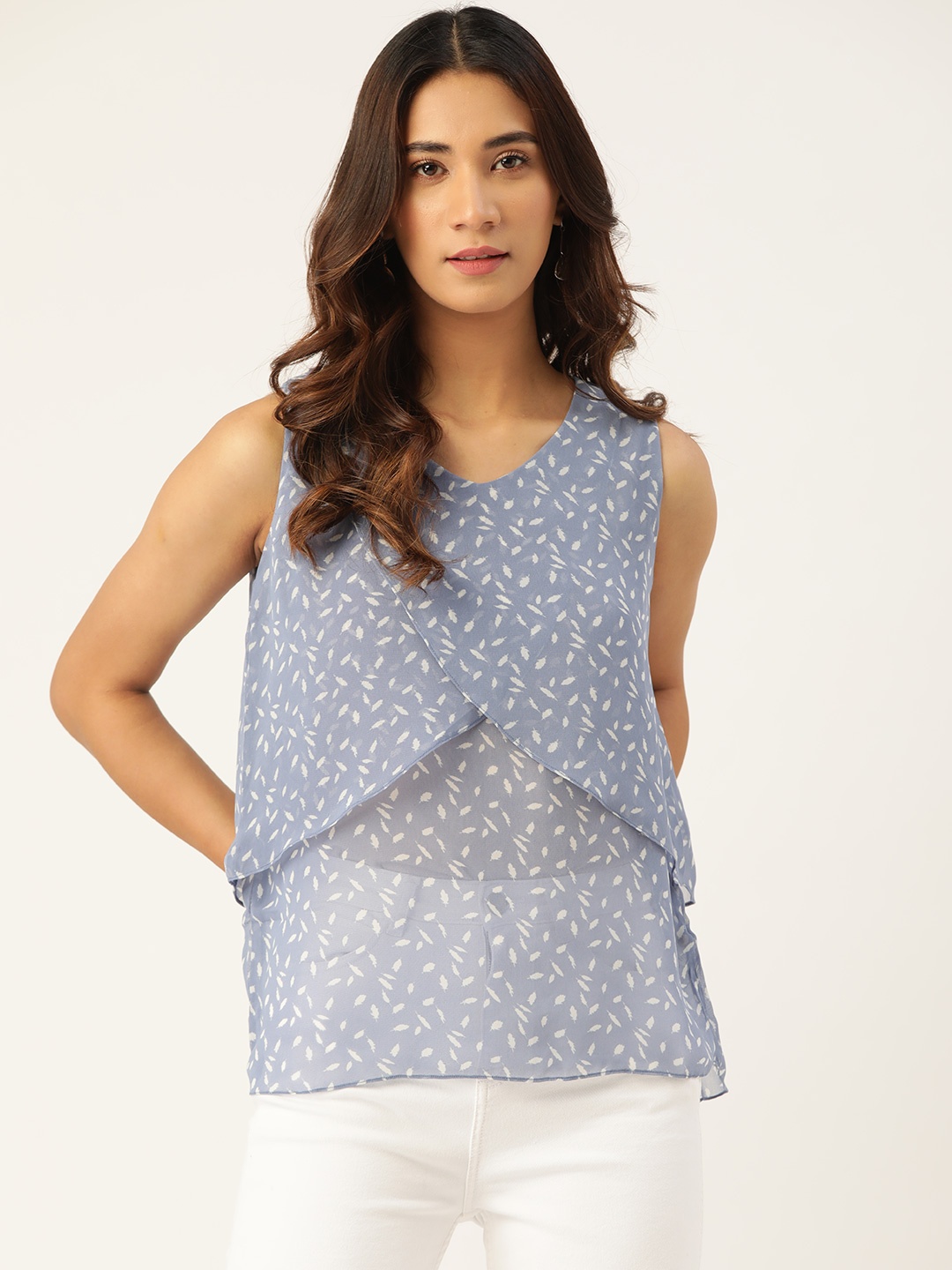 

Madame Women Blue & White Quirky Print Semi-Sheer Layered Wrap Top