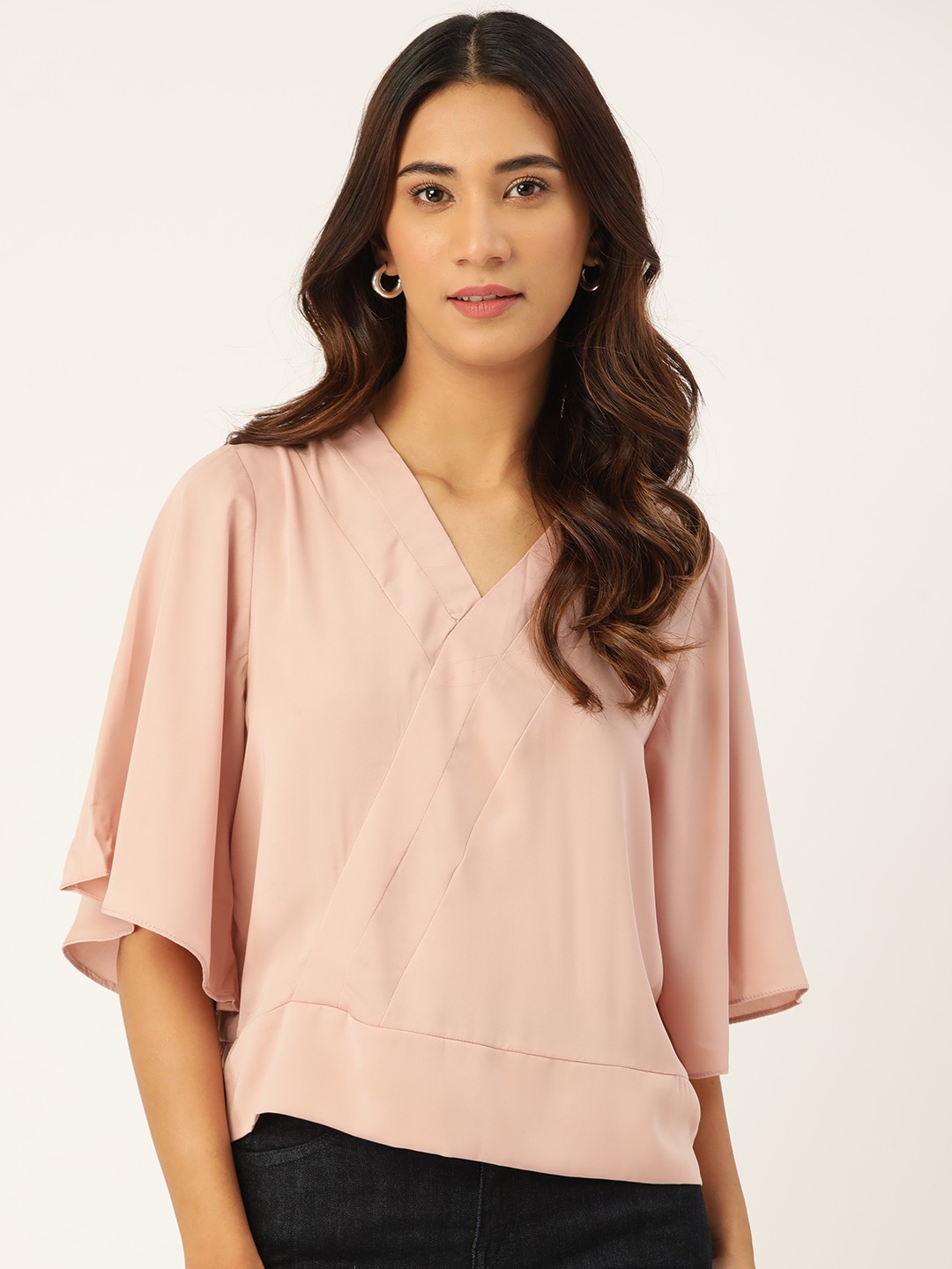 

Madame Women Dusty Pink Solid Flared Sleeves Wrap Top