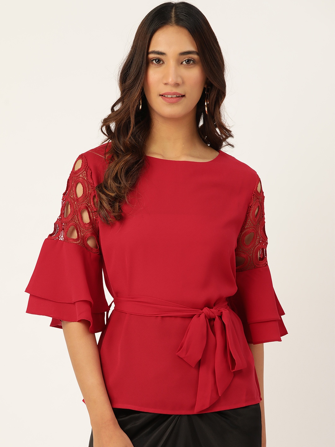 

Madame Maroon Solid Regular Top with Belt