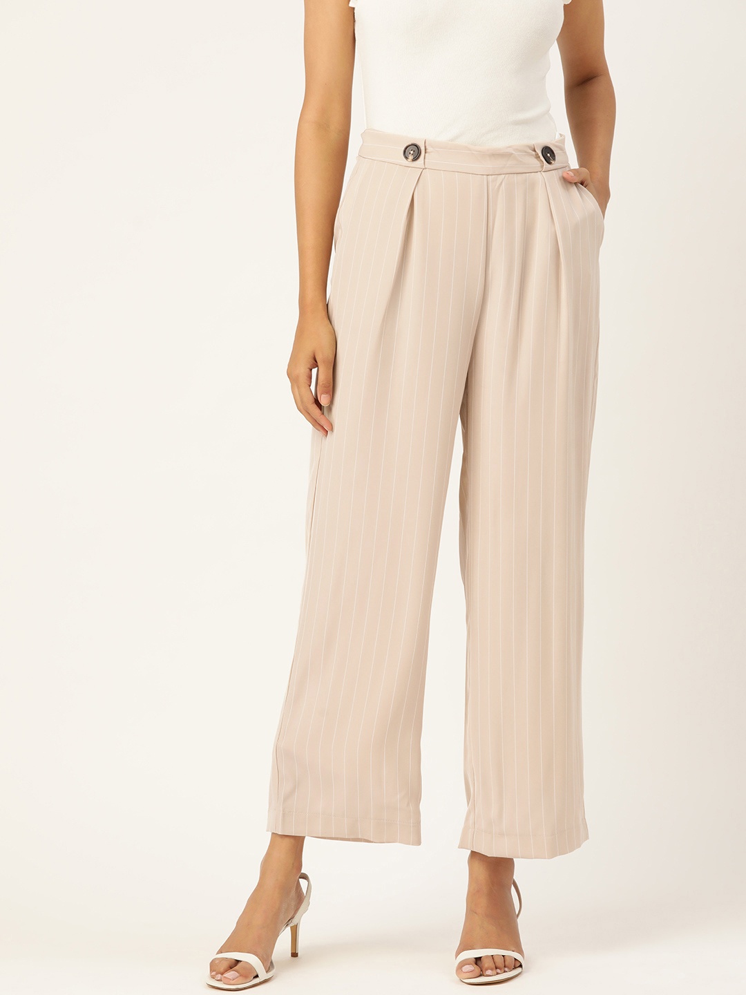 

Madame Women Cream-Coloured & White Regular Fit Striped Parallel Trousers