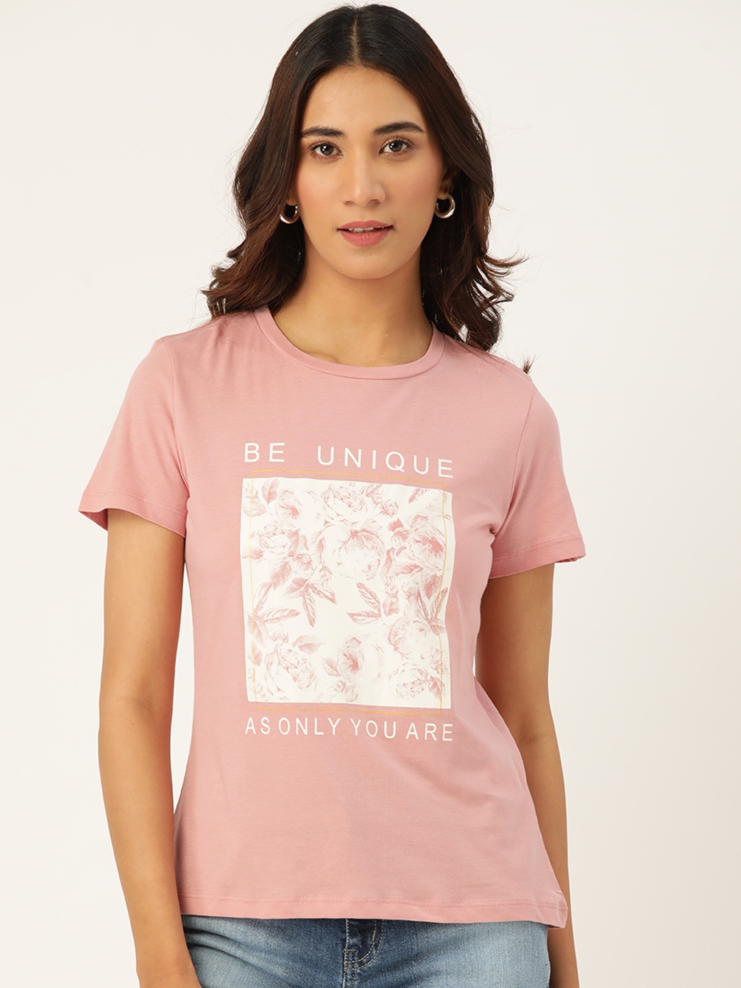 

Madame Women Dusty Pink & Off-White Pure Cotton Printed Round Neck T-shirt