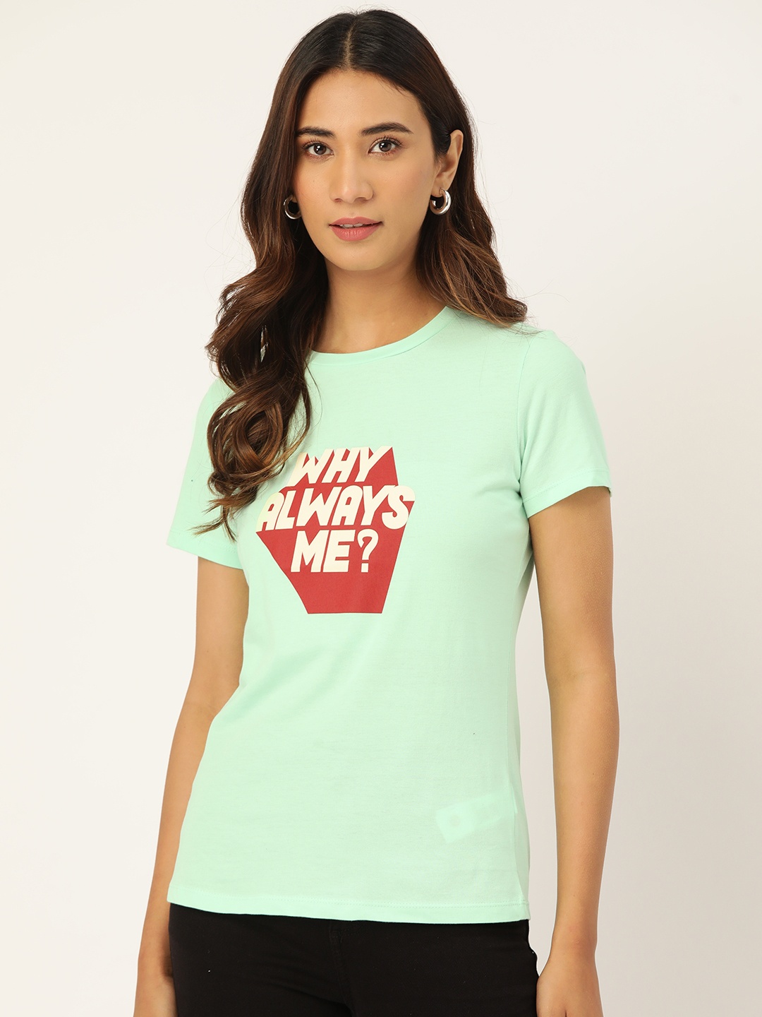 

Madame Women Green Pure Cotton Printed Round Neck T-shirt