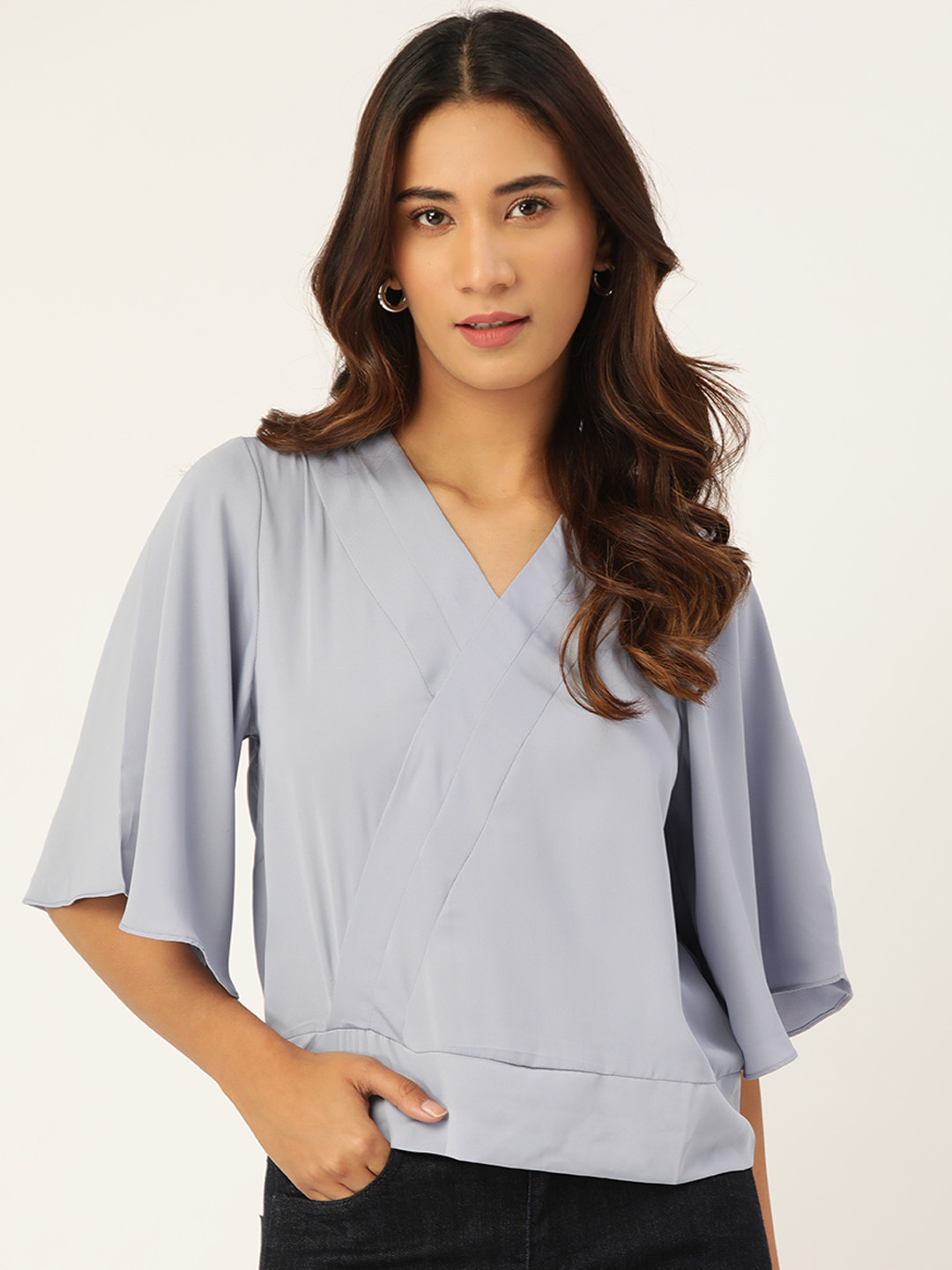 

Madame Women Dusty Pink Solid Flared Sleeves Wrap Top, Blue