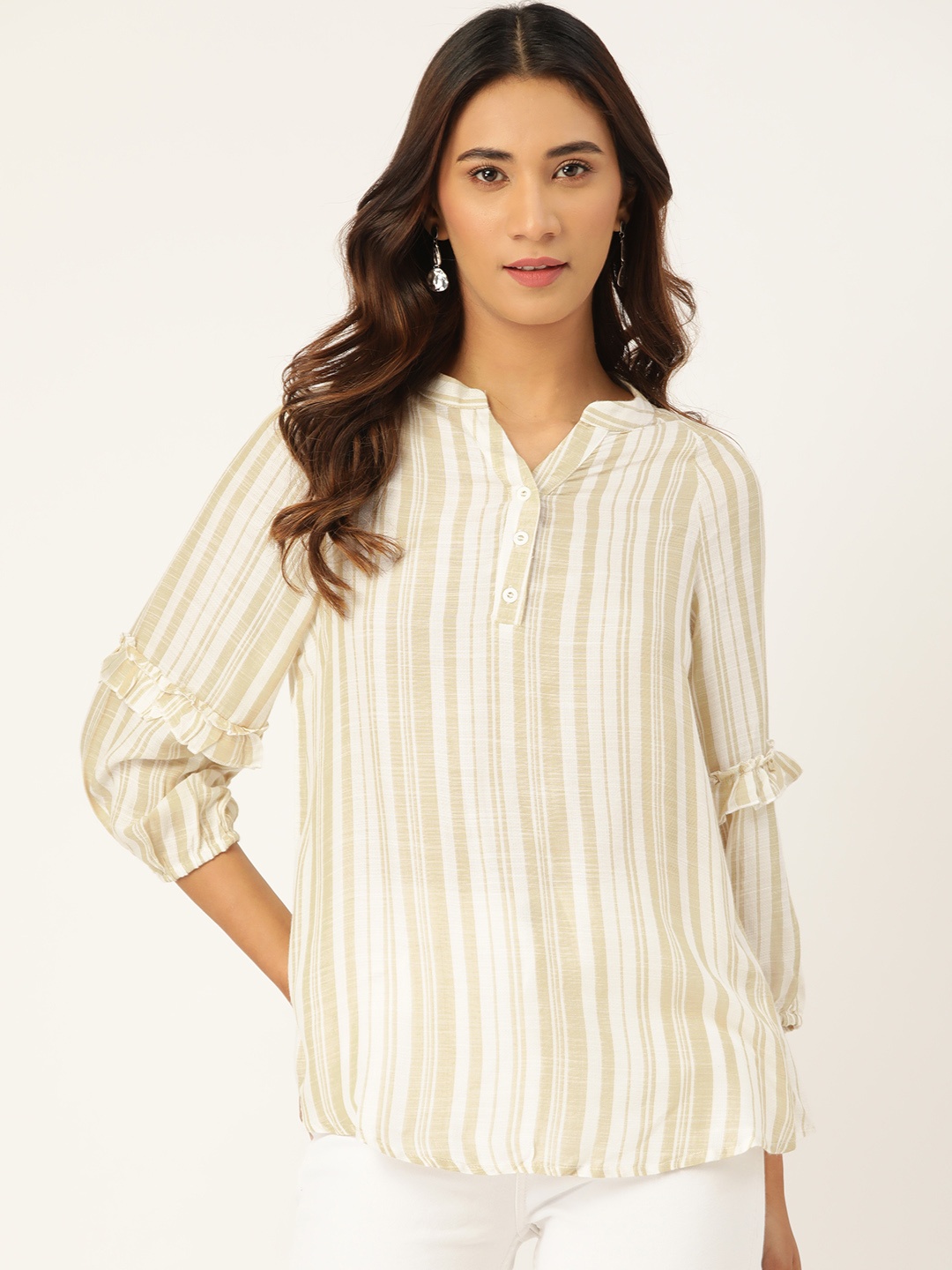

Madame Women White & Beige Striped Shirt Style Top