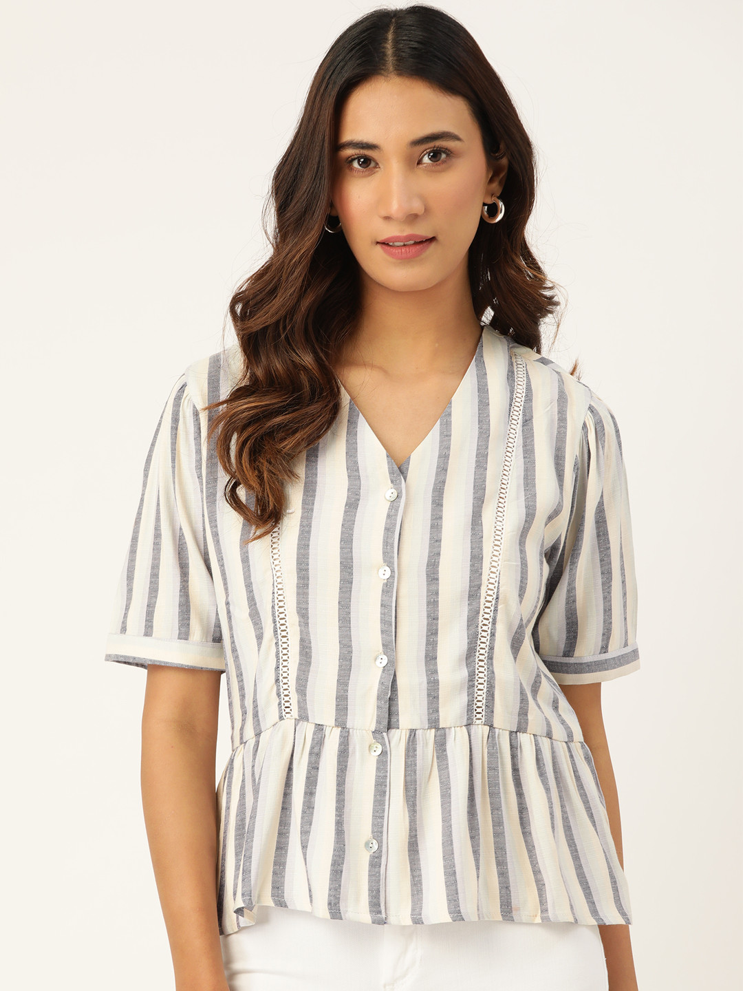 

Madame Off-White & Navy Blue Striped A-Line Top