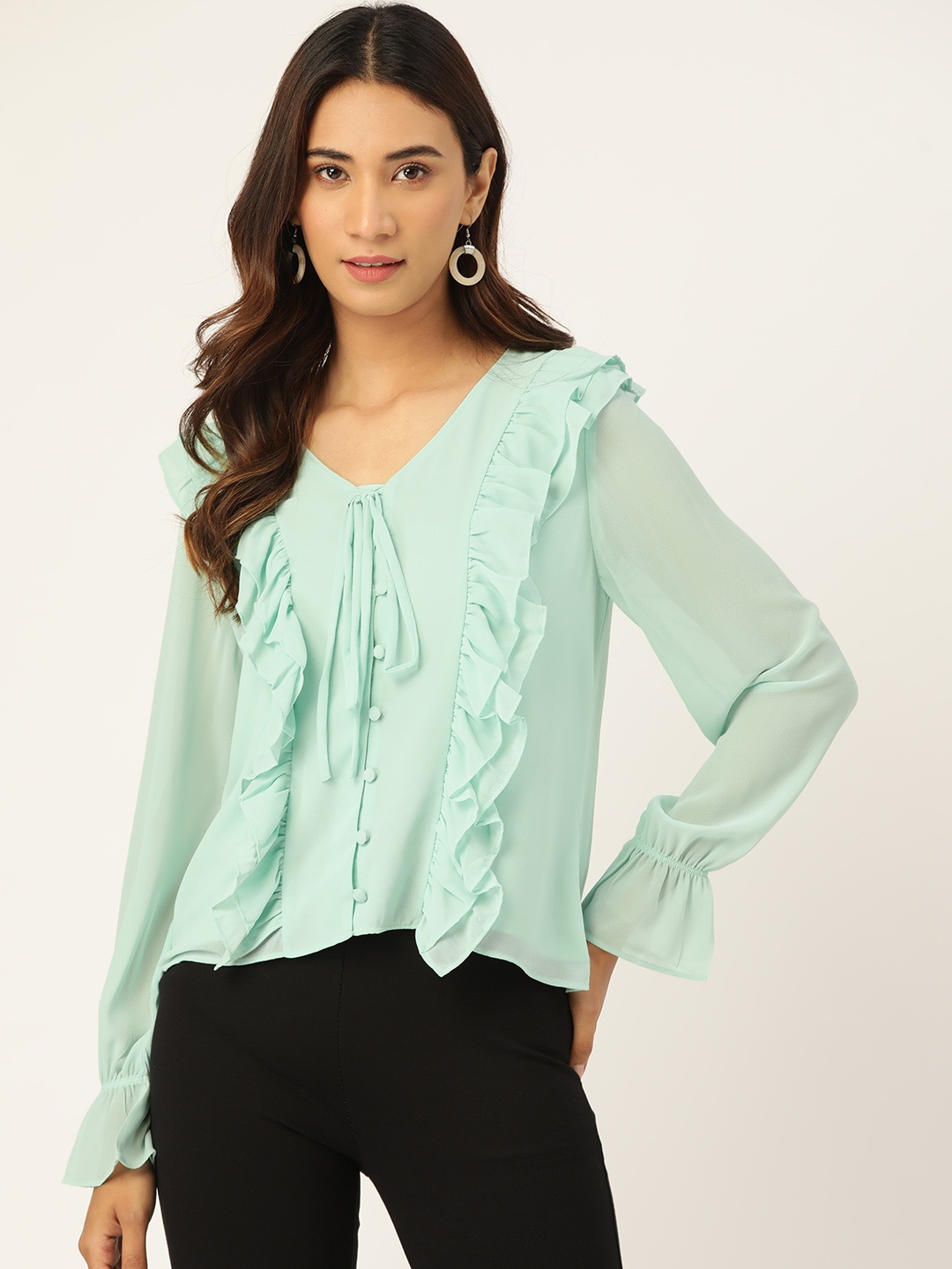 

Madame Green Solid Ruffled Solid Tie-Up Neck Top