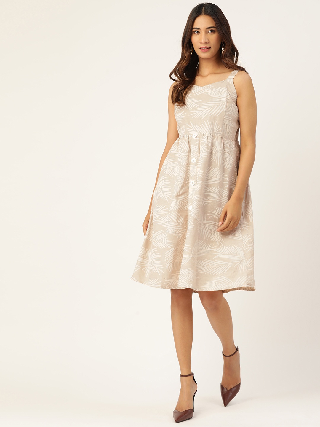 

Madame Women Beige & Off-White Leaf Print A-Line Dress