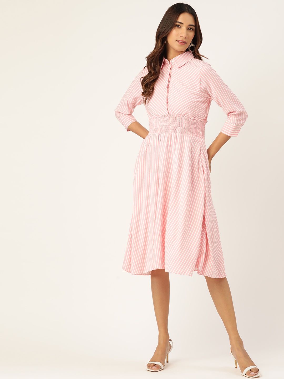 

Madame Women Pink & White Striped Shirt Dress