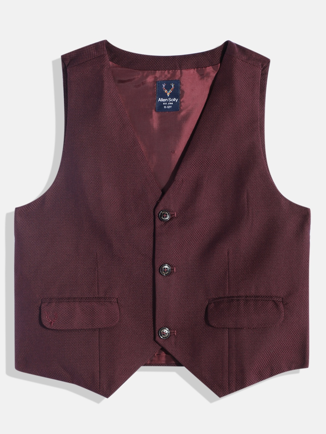 

Allen Solly Junior Boys Textured Self Design V-Neck Party Waistcoat, Burgundy