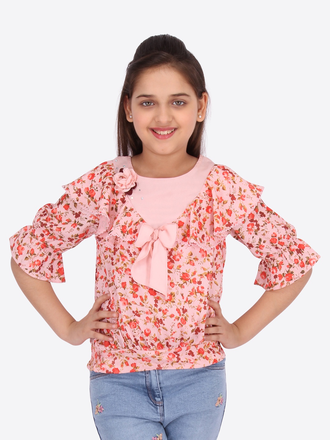 CUTECUMBER Girls Peach Floral Printed Georgette Blouson Top