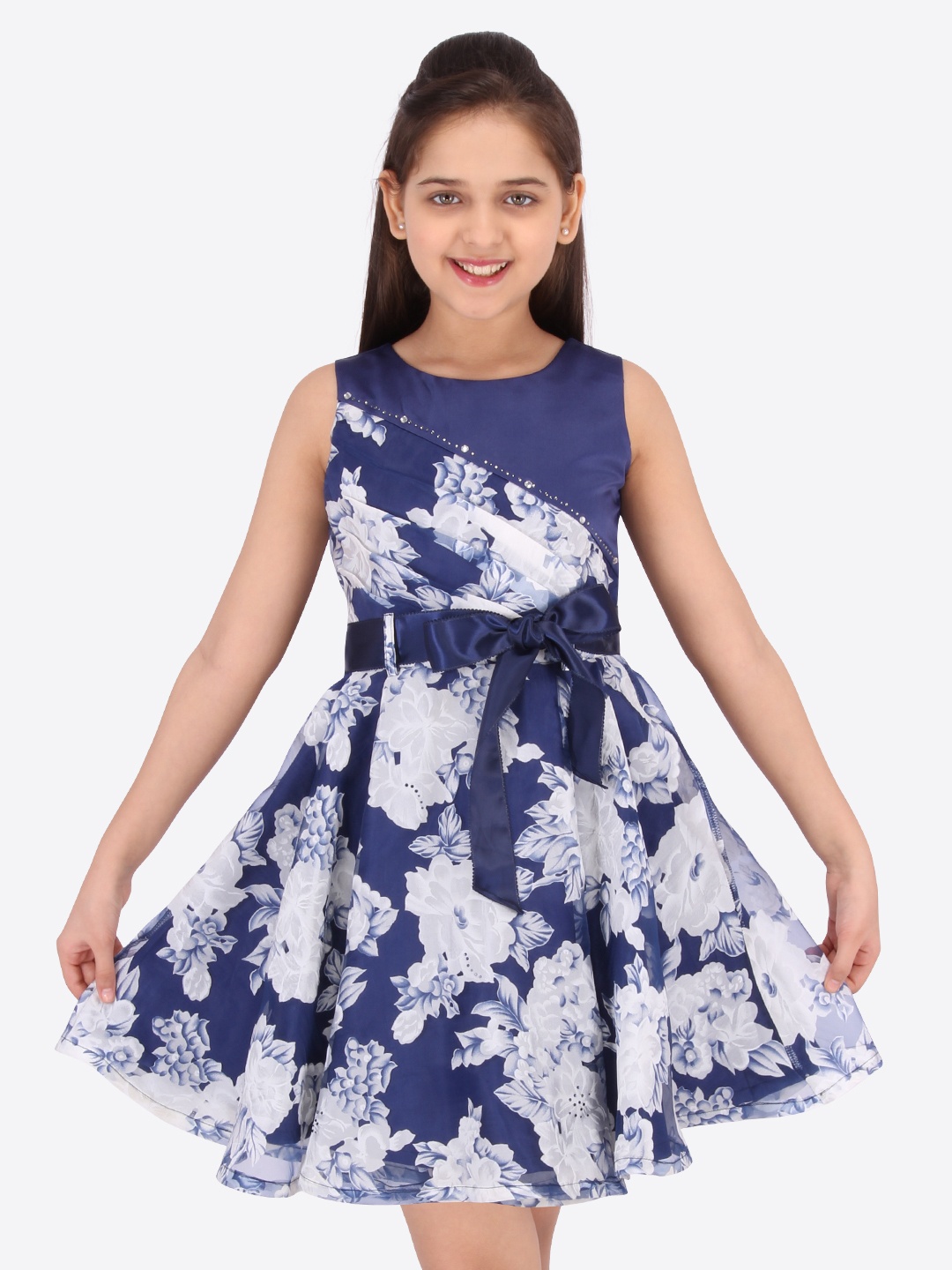 

CUTECUMBER Girls Blue Printed Fit and Flare Dress