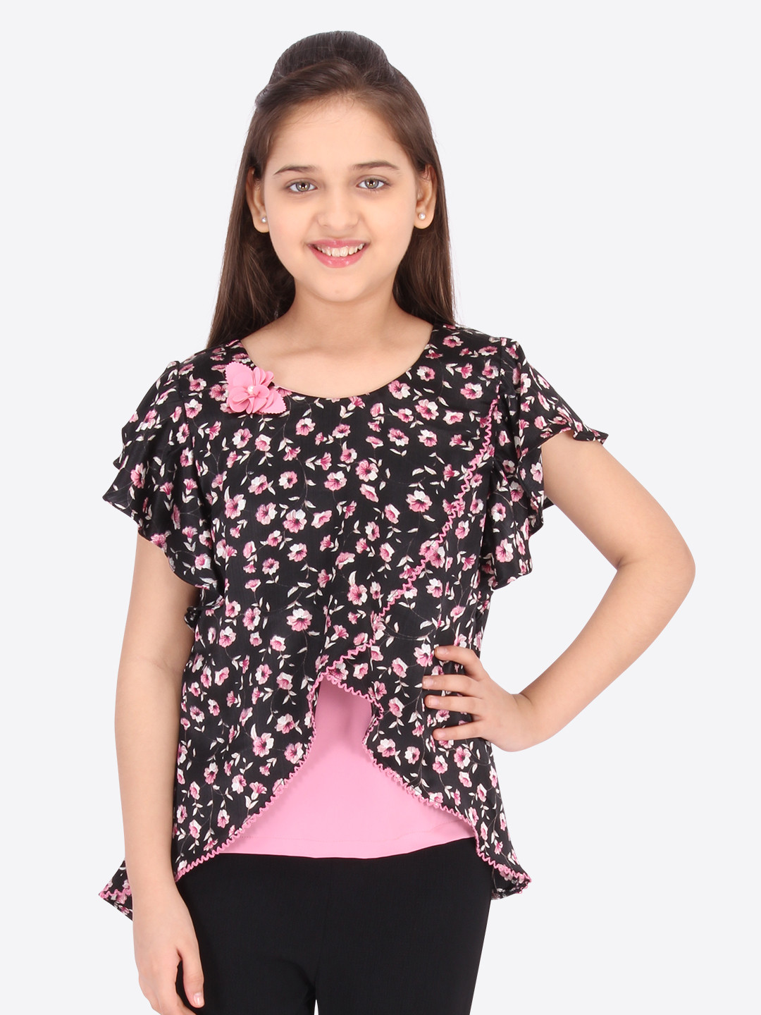 

CUTECUMBER Black Floral Printed Flutter Sleeves Georgette Top