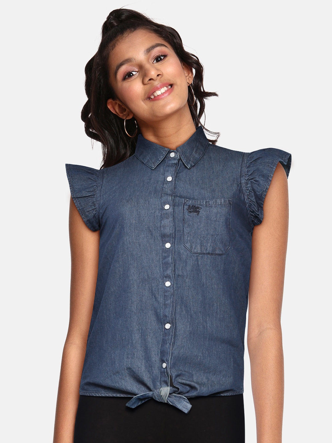 

Allen Solly Junior Girls Navy Blue Pure Cotton Solid Chambray Casual Shirt with Tie-Up