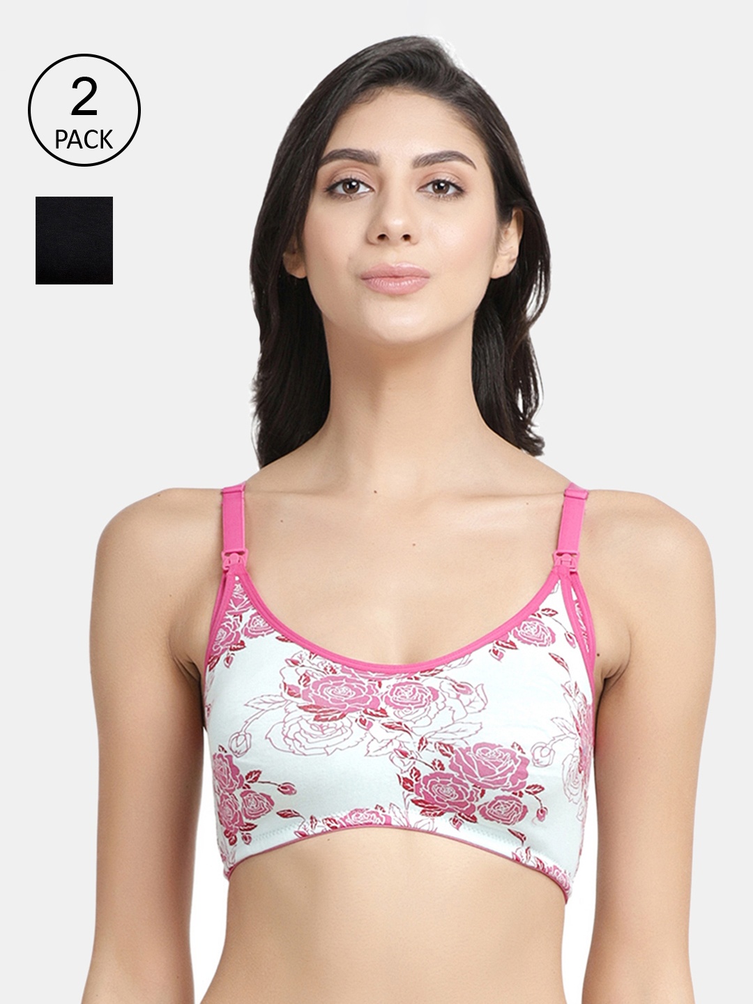 

Inner Sense Pack Of 3 Black & Pink Solid Antimicrobial Non Padded Maternity Bra IMB004C