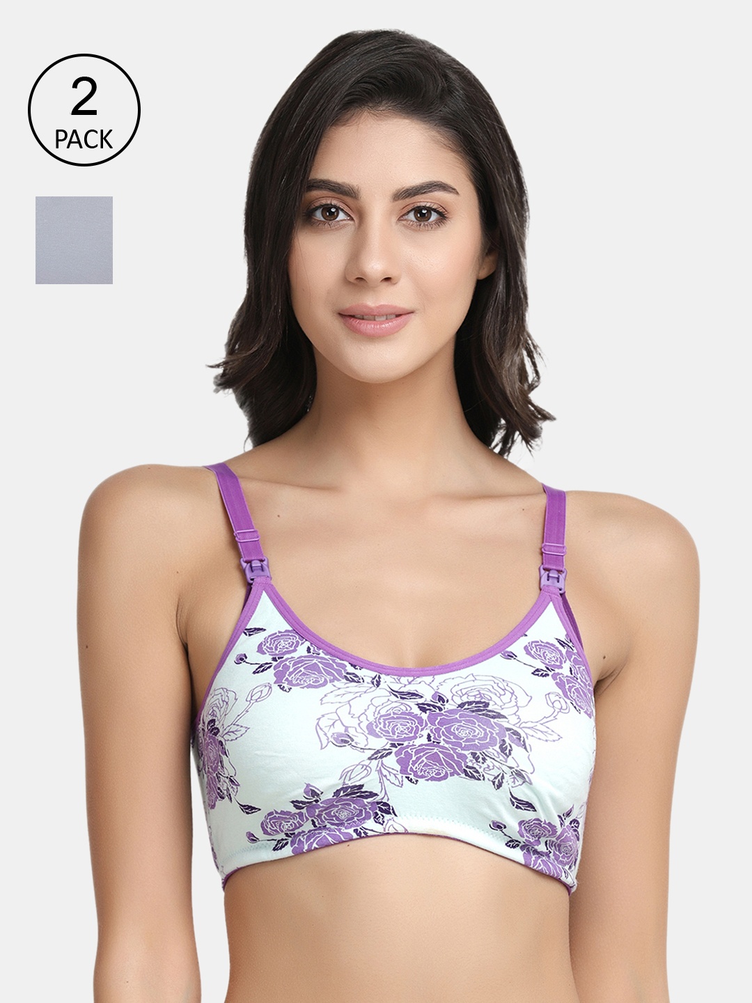 

Inner Sense Pack Of 3 Lavender & Off-White Antimicrobial Non Padded Maternity Sustainable Bras