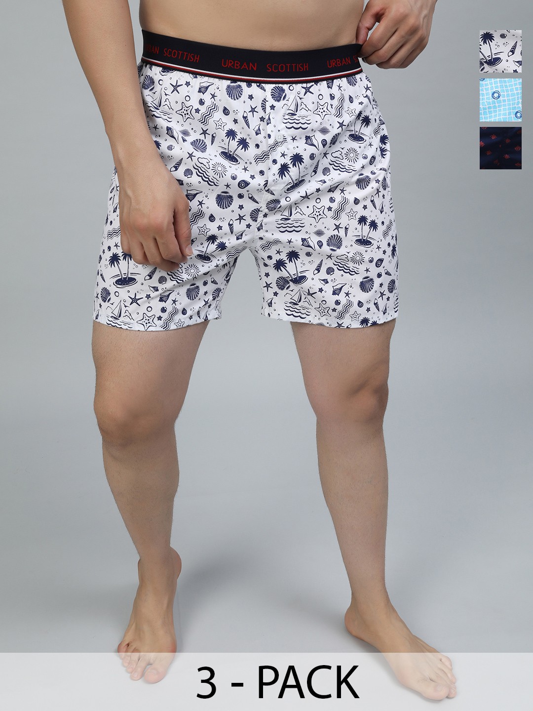 

URBAN SCOTTISH Men Pack Of 3 Printed Boxers USBX2109, Navy blue