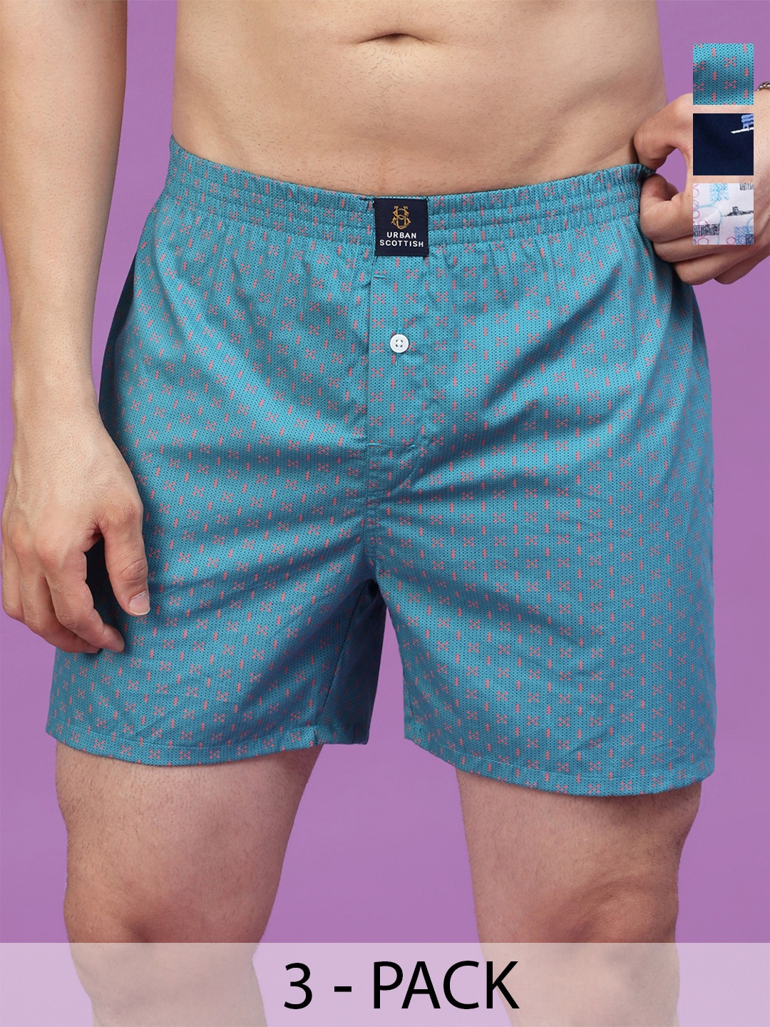

URBAN SCOTTISH Men Pack Of 3 Printed Boxers USBX2105, Navy blue