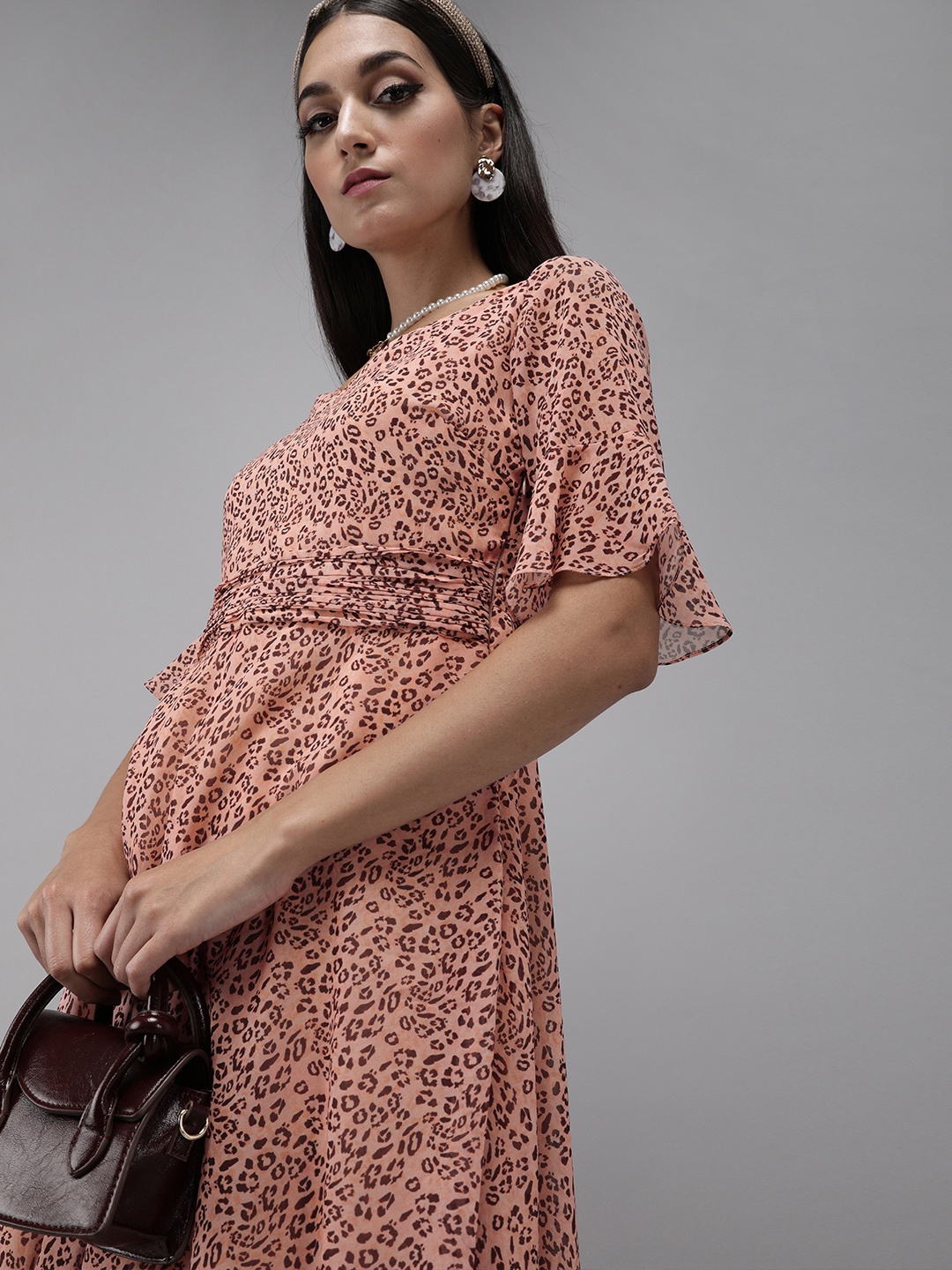 

MISH Pink and Brown Animal Printed Fit and Flare Dress
