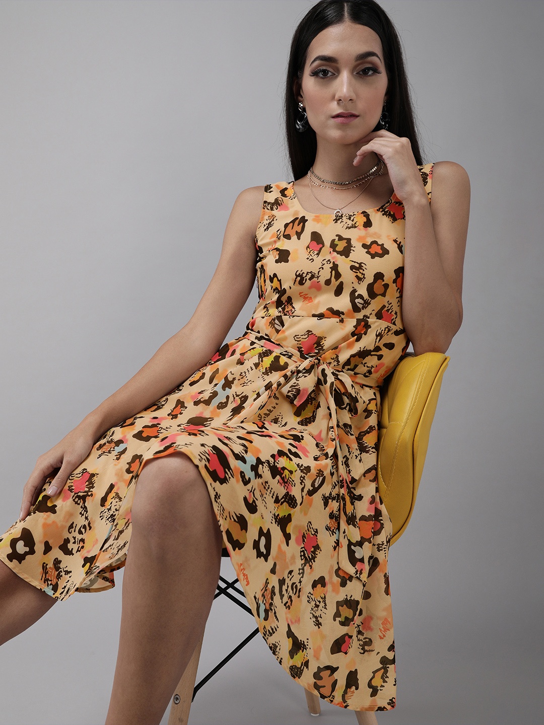 

MISH Fashionable Beige and Black Animal Printed Fit and Flare Dress