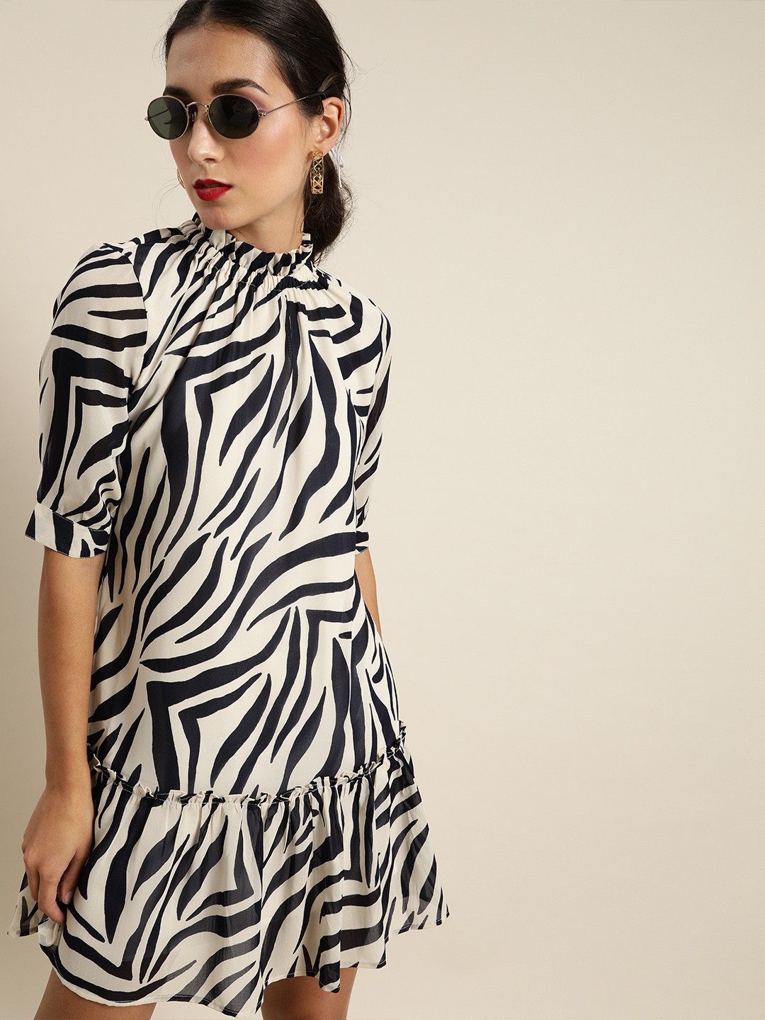 

Marie Claire Up-Town White and Black Animal Printed Drop-Waist Dress