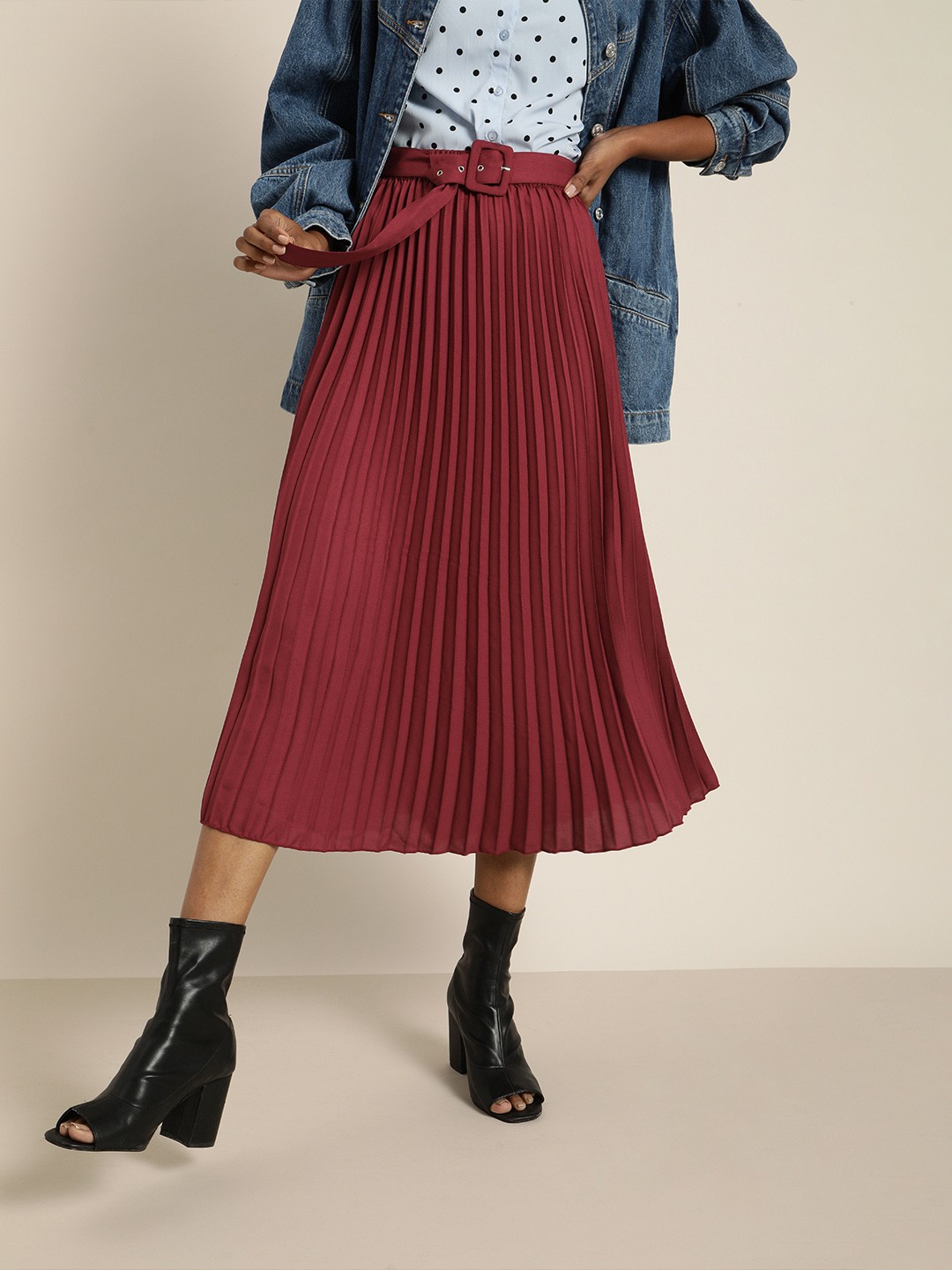 

Marie Claire Maroon Accordion Pleated Satin Finish Flared Midi Skirt