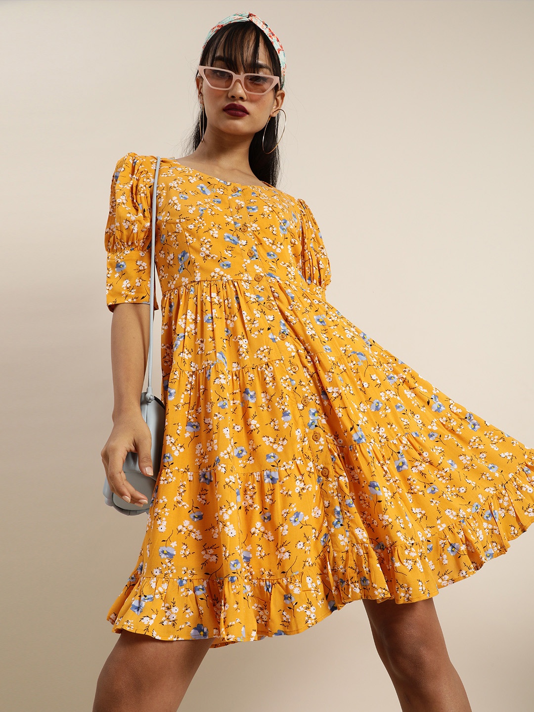 

Marie Claire Chic Yellow and White Floral Printed Fit and Flare Dress