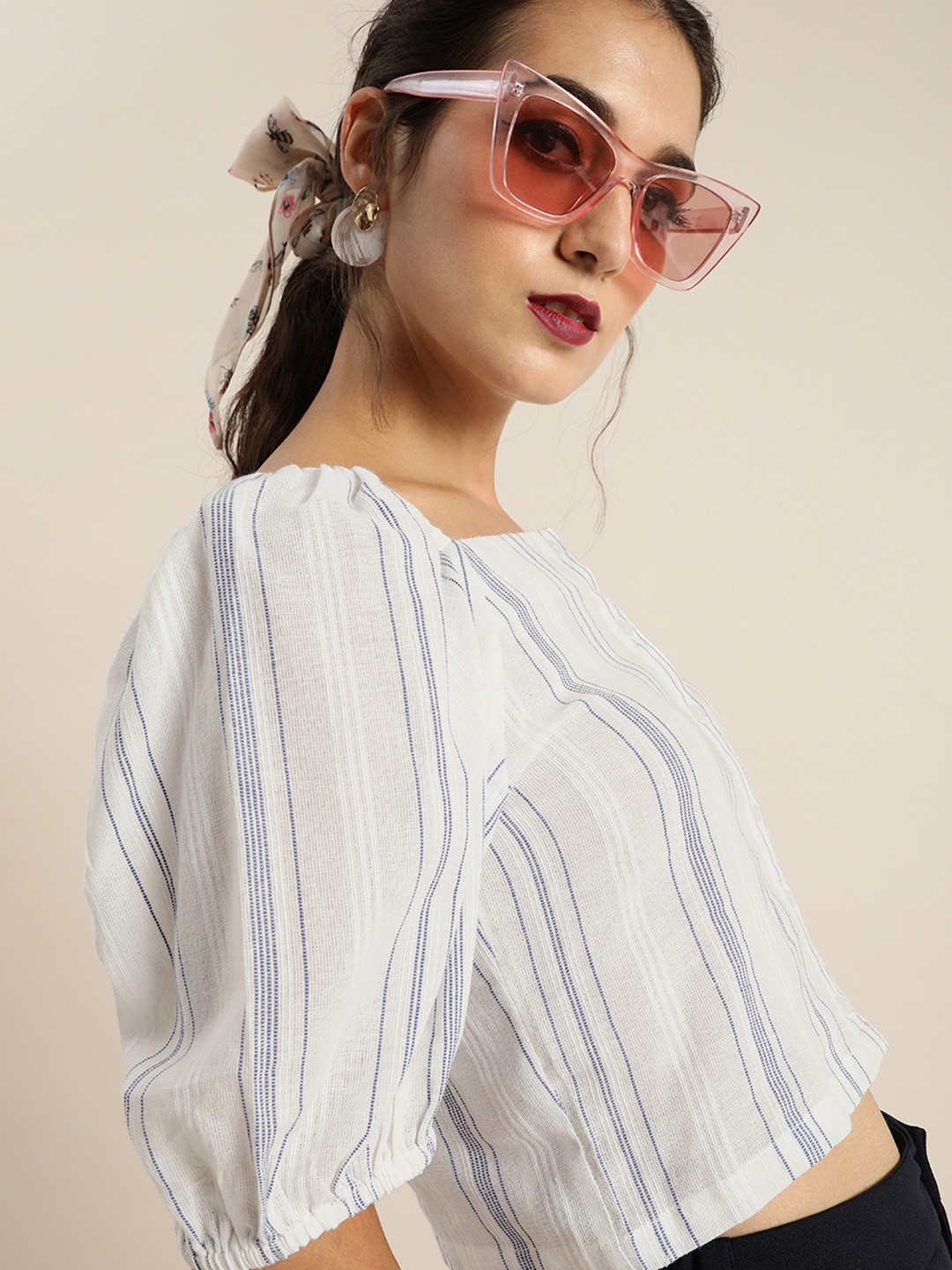 

Marie Claire White and Blue Striped Power Shoulders Crop Top