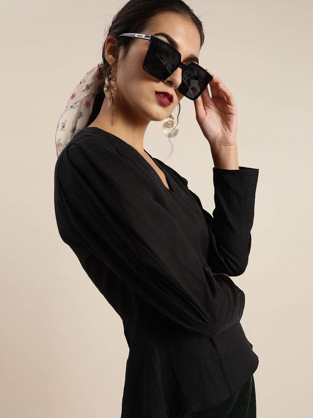 

Marie Claire Black Power Shoulders Wrap Top