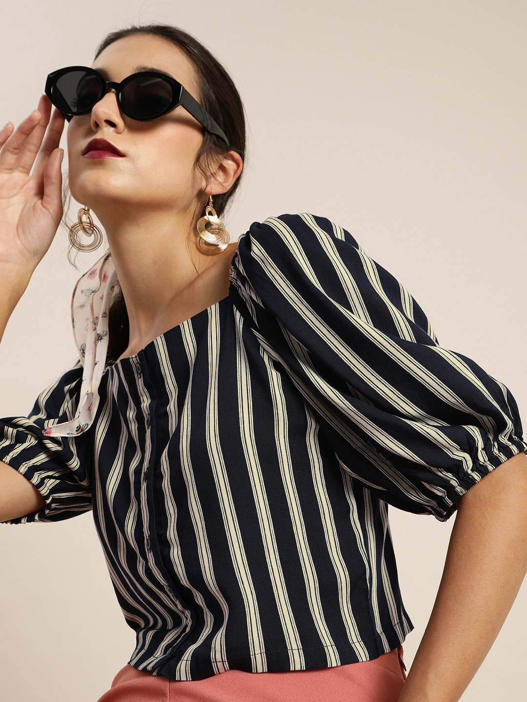 

Marie Claire Navy Blue and Cream Striped Power Shoulders Crop Top