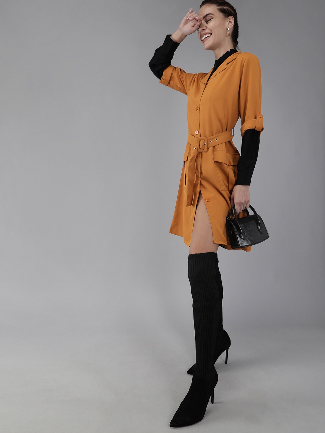 

RARE Women Mustard Yellow Solid A-Line Dress with Pockets