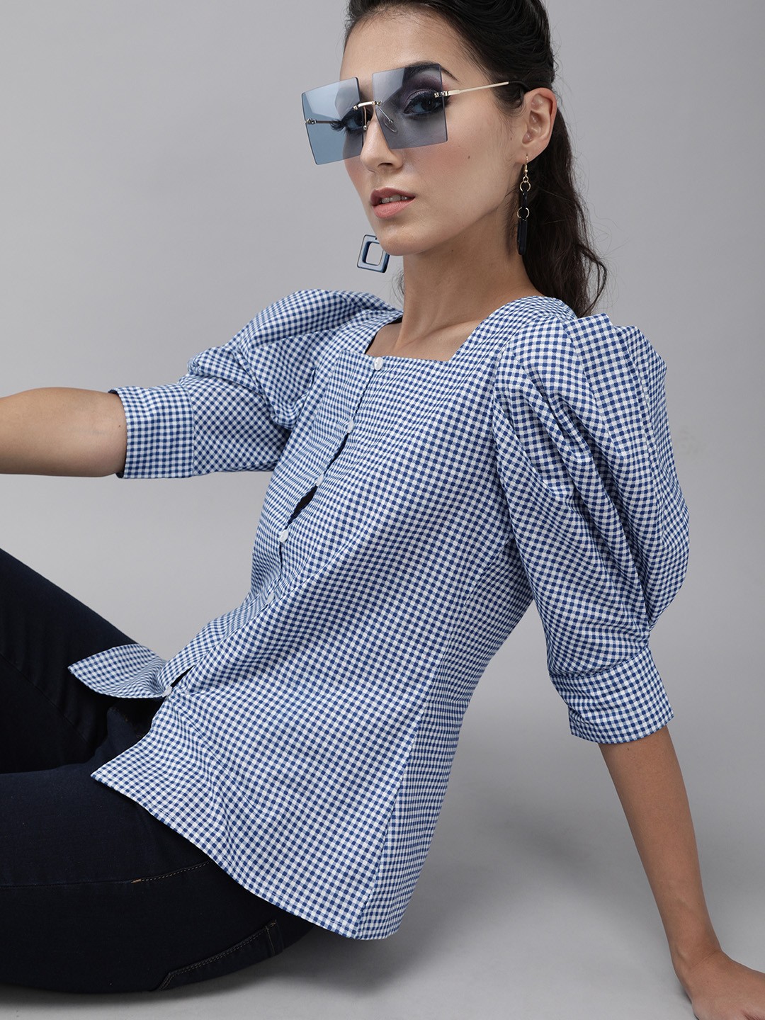 

RARE Navy Blue & White Checked Puff Sleeves Pure Cotton Regular Top