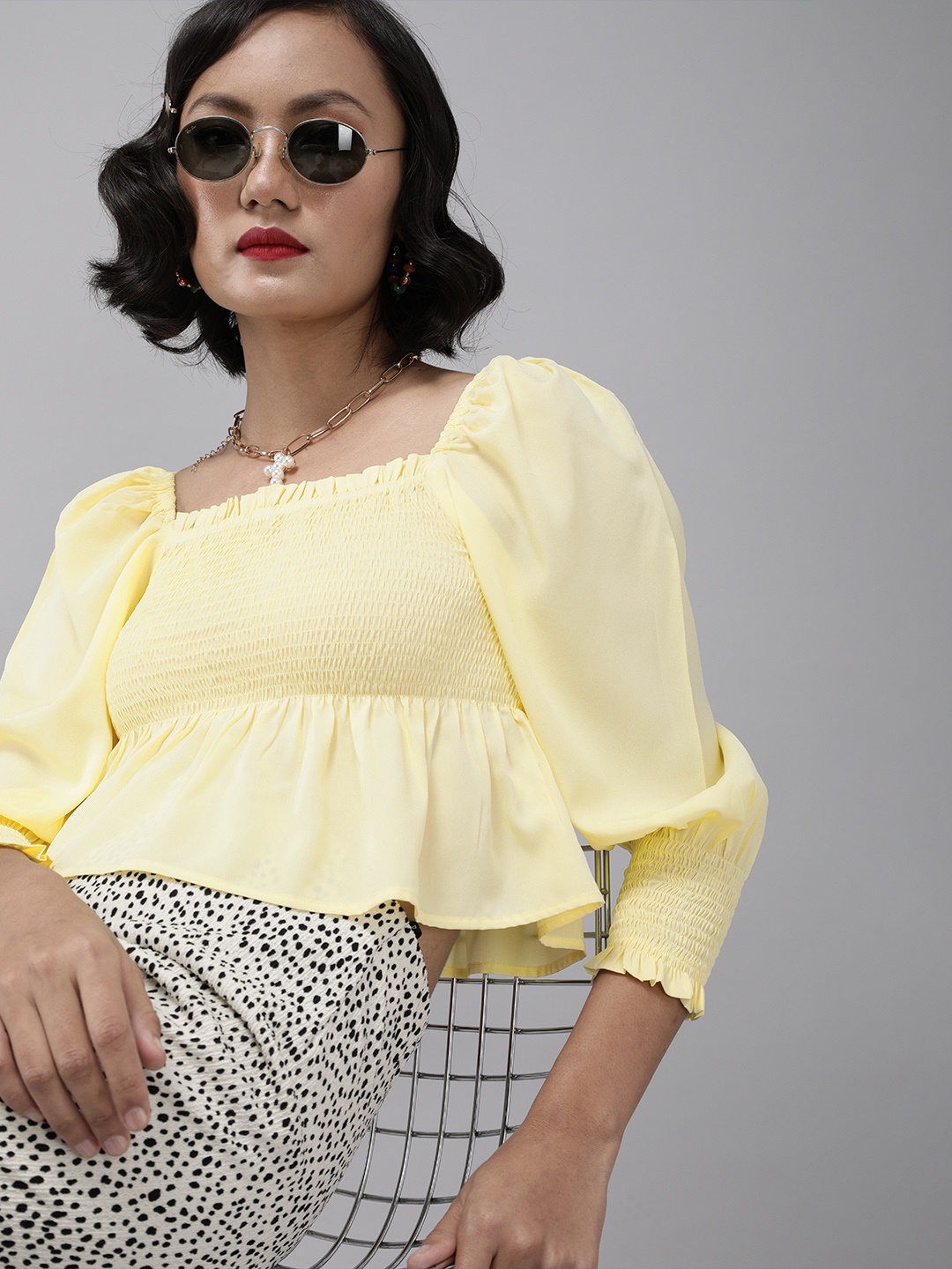 

RARE Yellow Puff Sleeves Smocked Crepe Peplum Crop Top