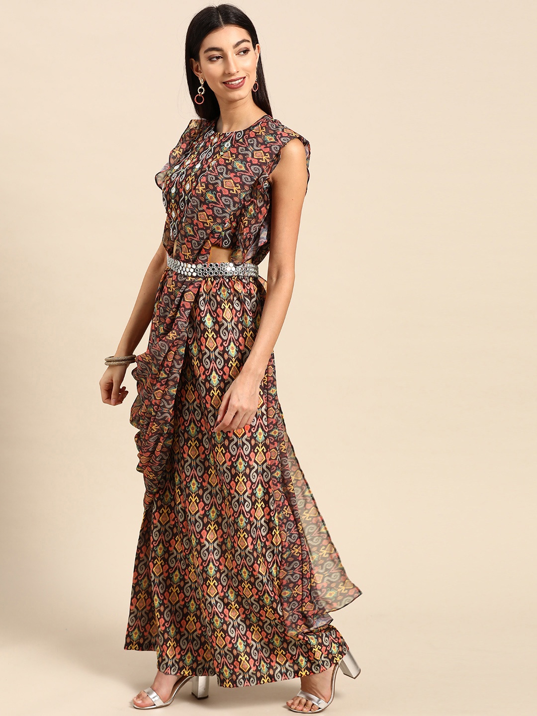 

Shaily Black & Red Ethnic Motifs Print Belted Palazzo Saree with Mirror work