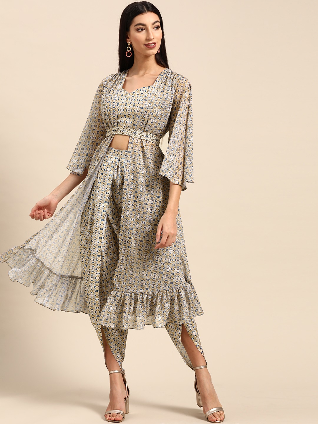 

Shaily Women Beige & Blue Ethnic Motifs Print Crop Top with Dhoti Pants & Jacket