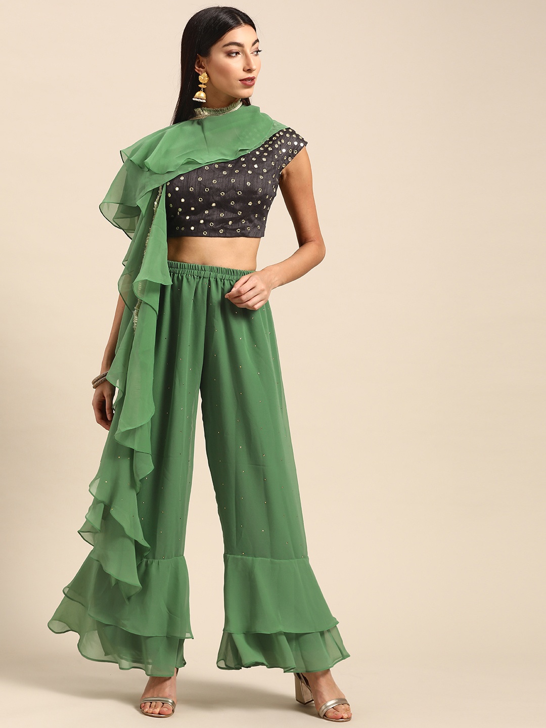 

Shaily Women Charcoal Grey & Green Mirror-Work Top with Palazzos & Dupatta