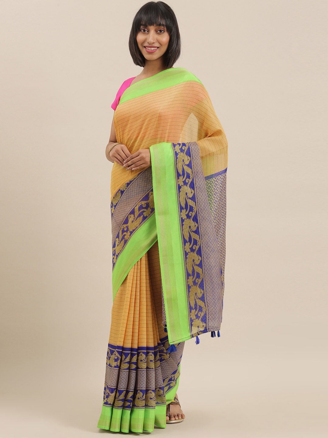 

The Chennai Silks Classicate Peach-Coloured Poly Silk Solid Bhagalpuri Saree