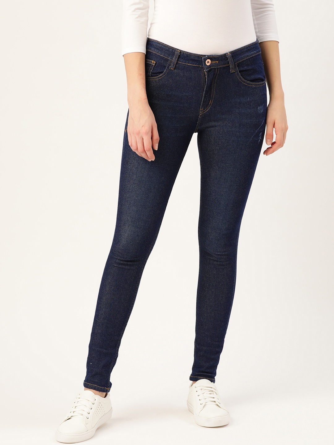 

ether Women Navy Blue Skinny Fit Low Distress Light Fade Stretchable Jeans