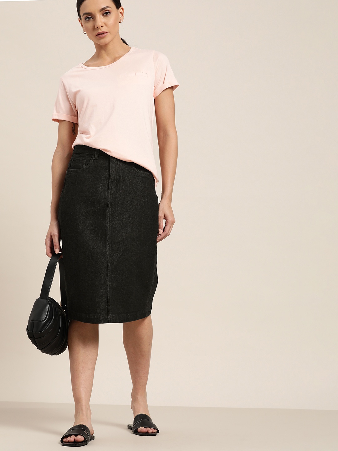 

ether Black Denim Straight Skirt