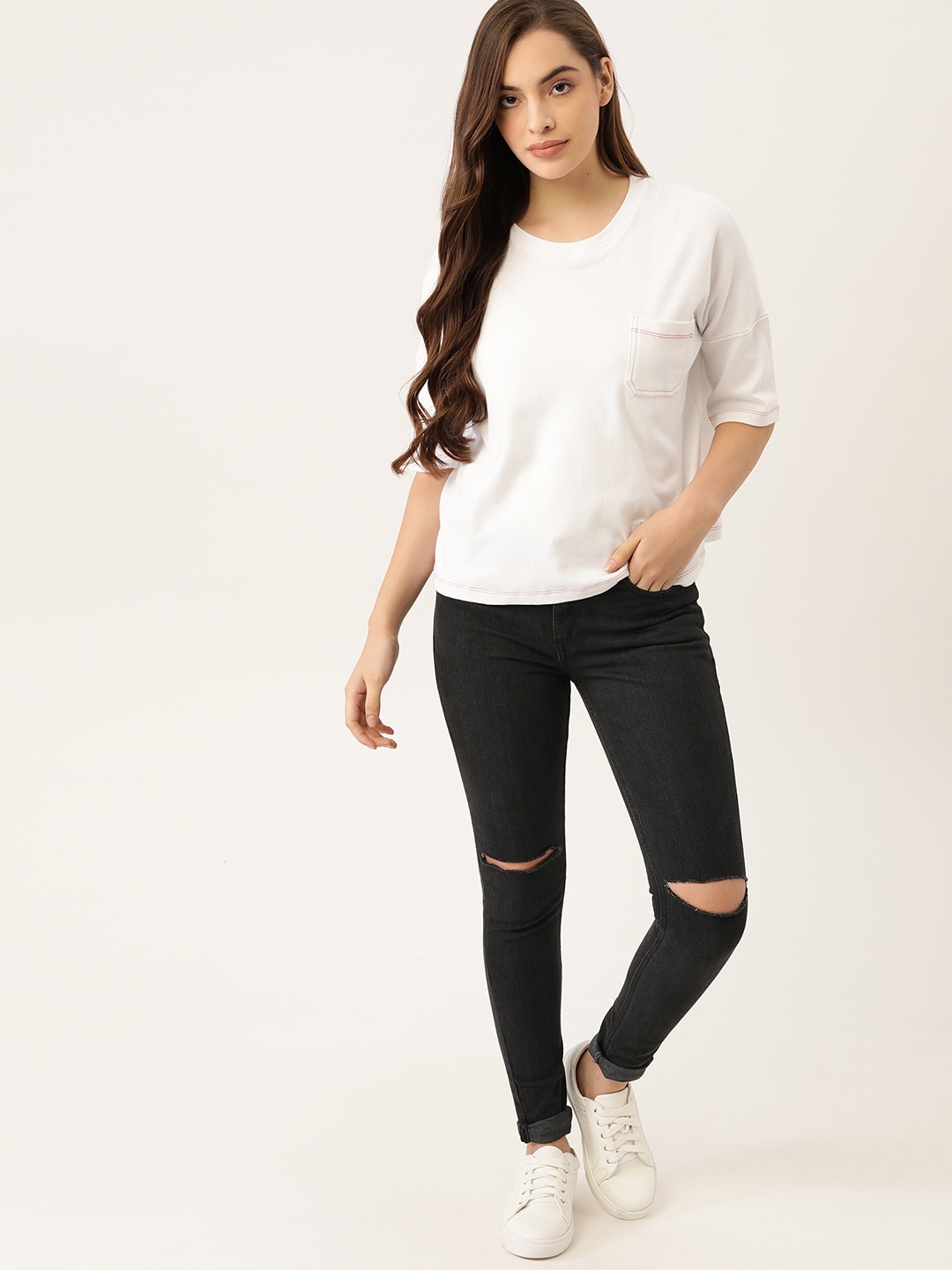 

ether Women Black Skinny Fit Slash Knee Stretchable Jeans