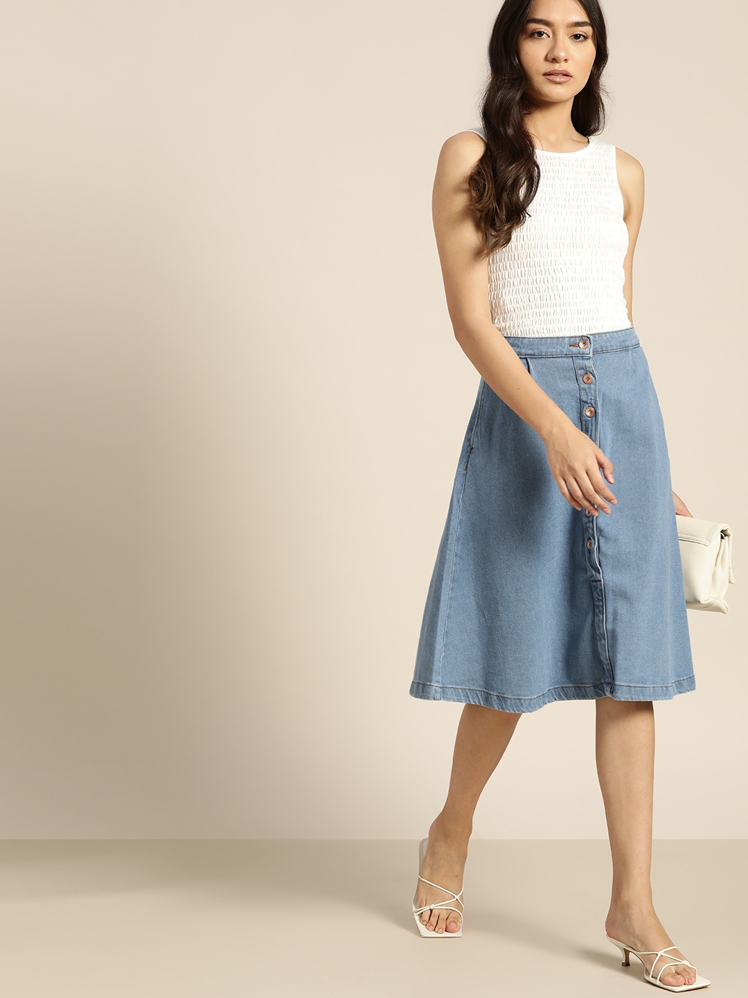 

ether Women Blue Solid Denim A-Line Midi Skirt