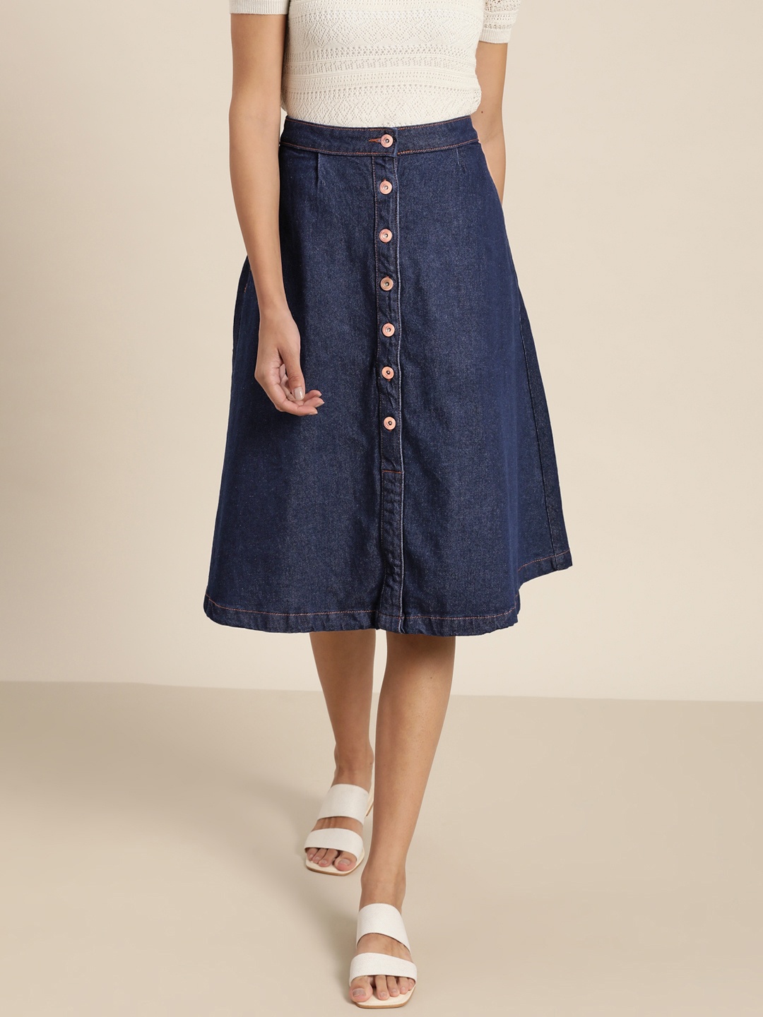 

ether Navy Blue Denim A-Line Skirt