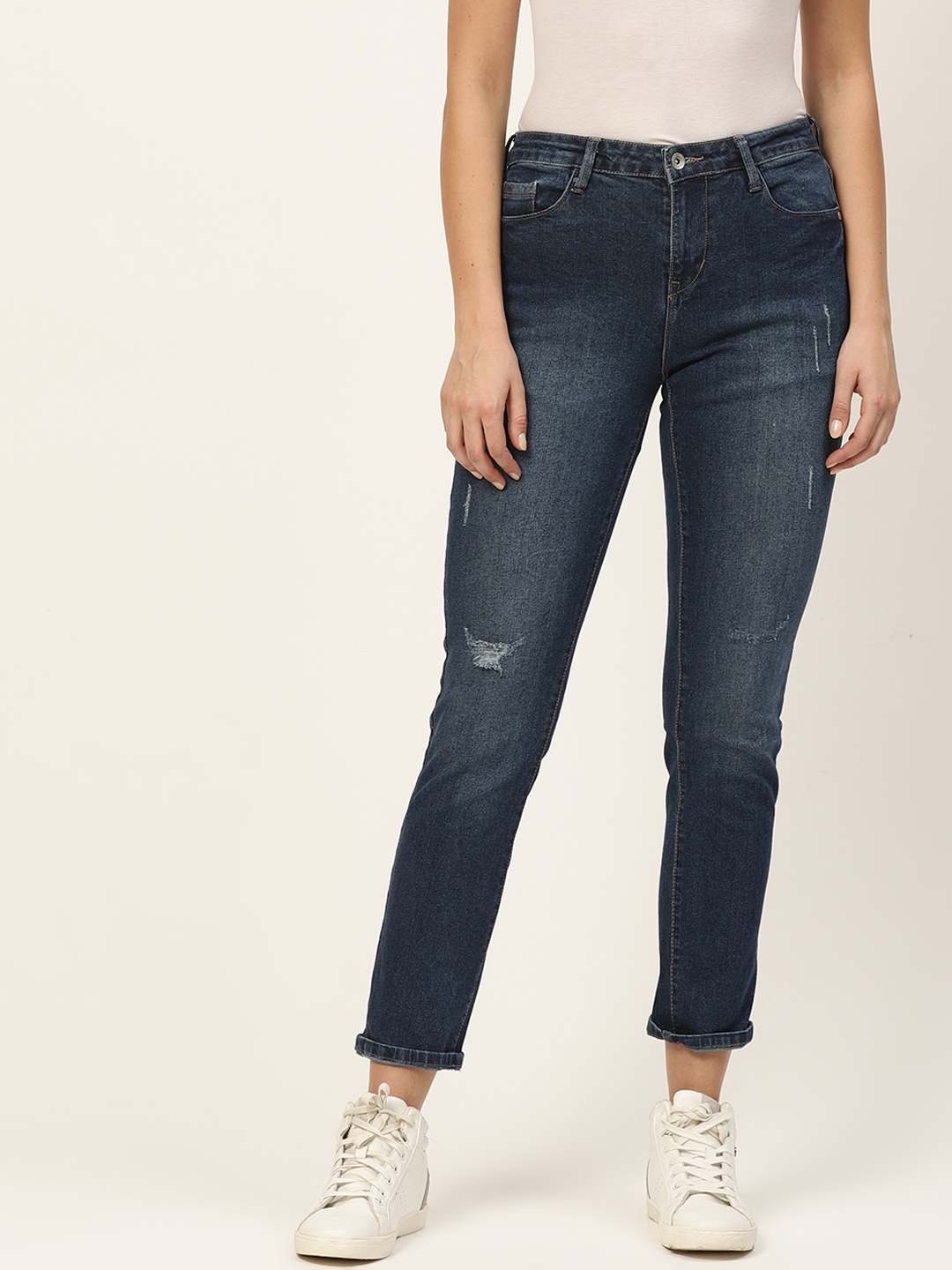 

ether Women Navy Blue Slim Fit Low Distress Light Fade Stretchable Jeans