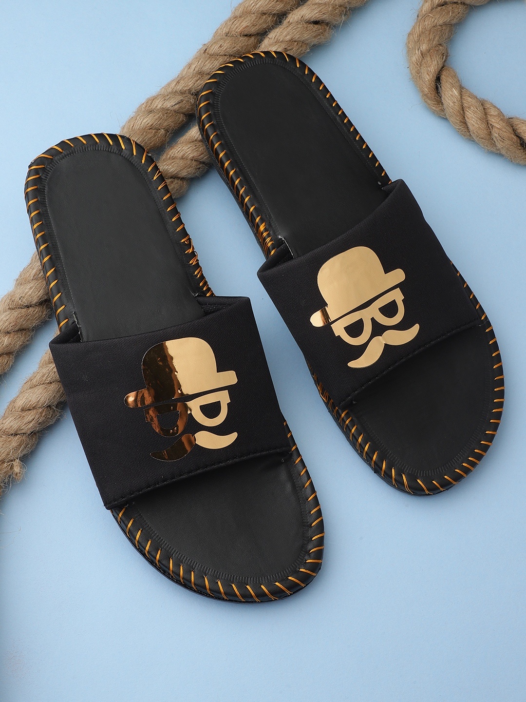 

Pampy Angel Men Black & Gold-Toned Printed Sliders