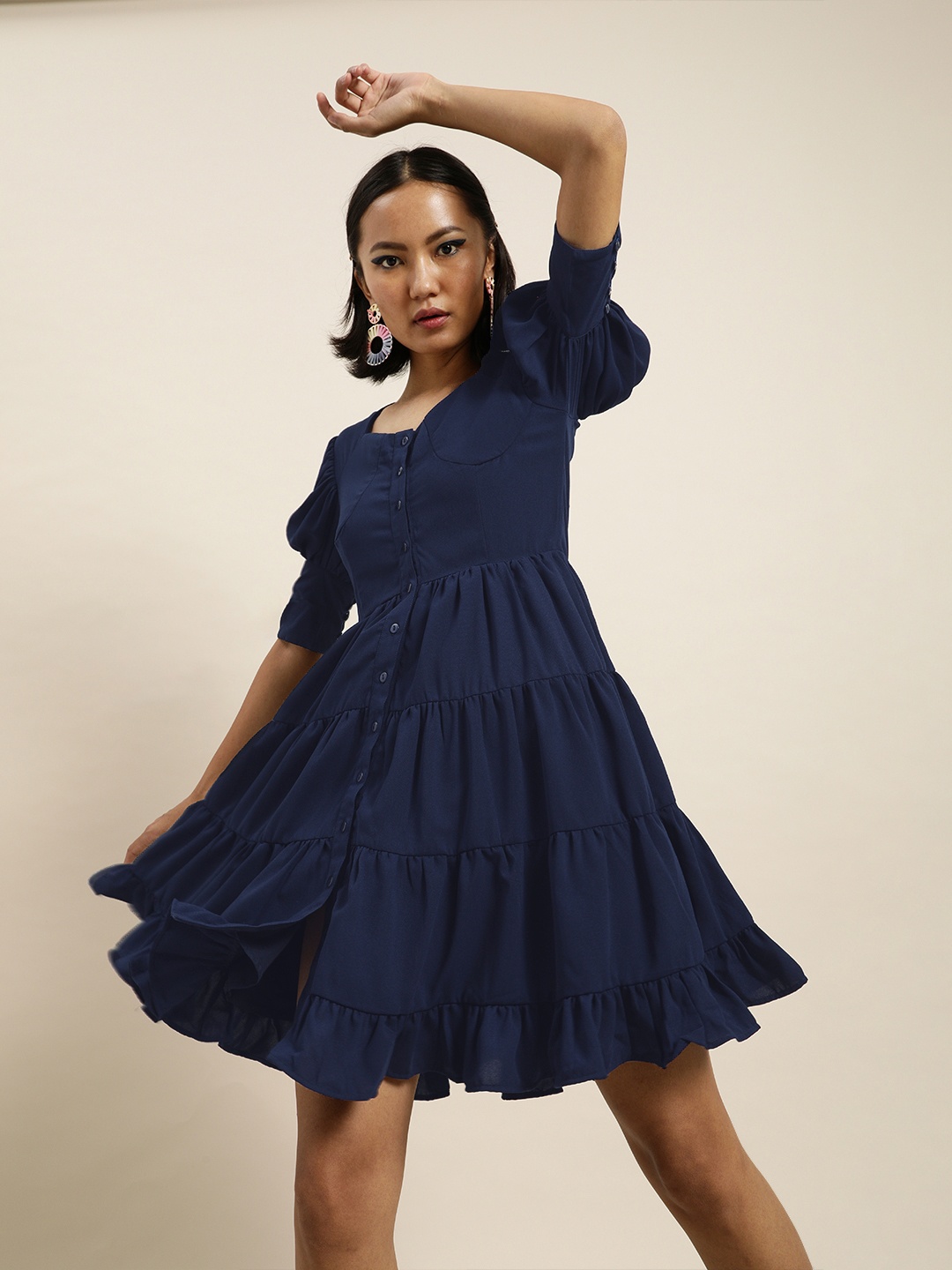 

Marie Claire Navy Blue Tiered Power Shoulders Fit and Flare Dress