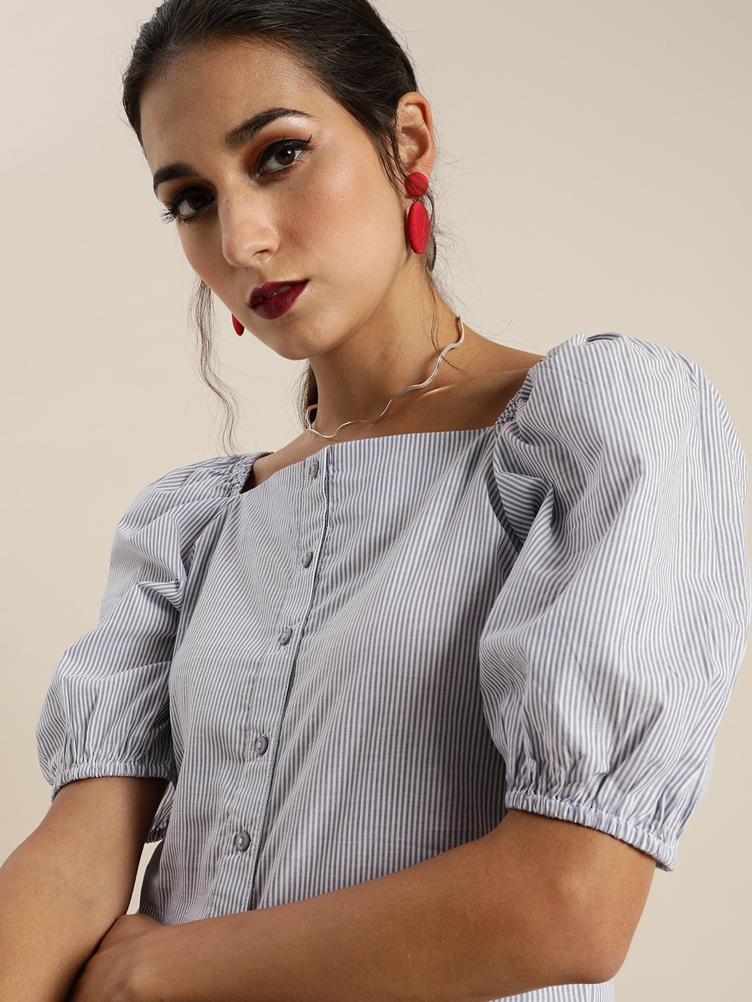 

Marie Claire Blue and White Striped Power Shoulders Crop Top
