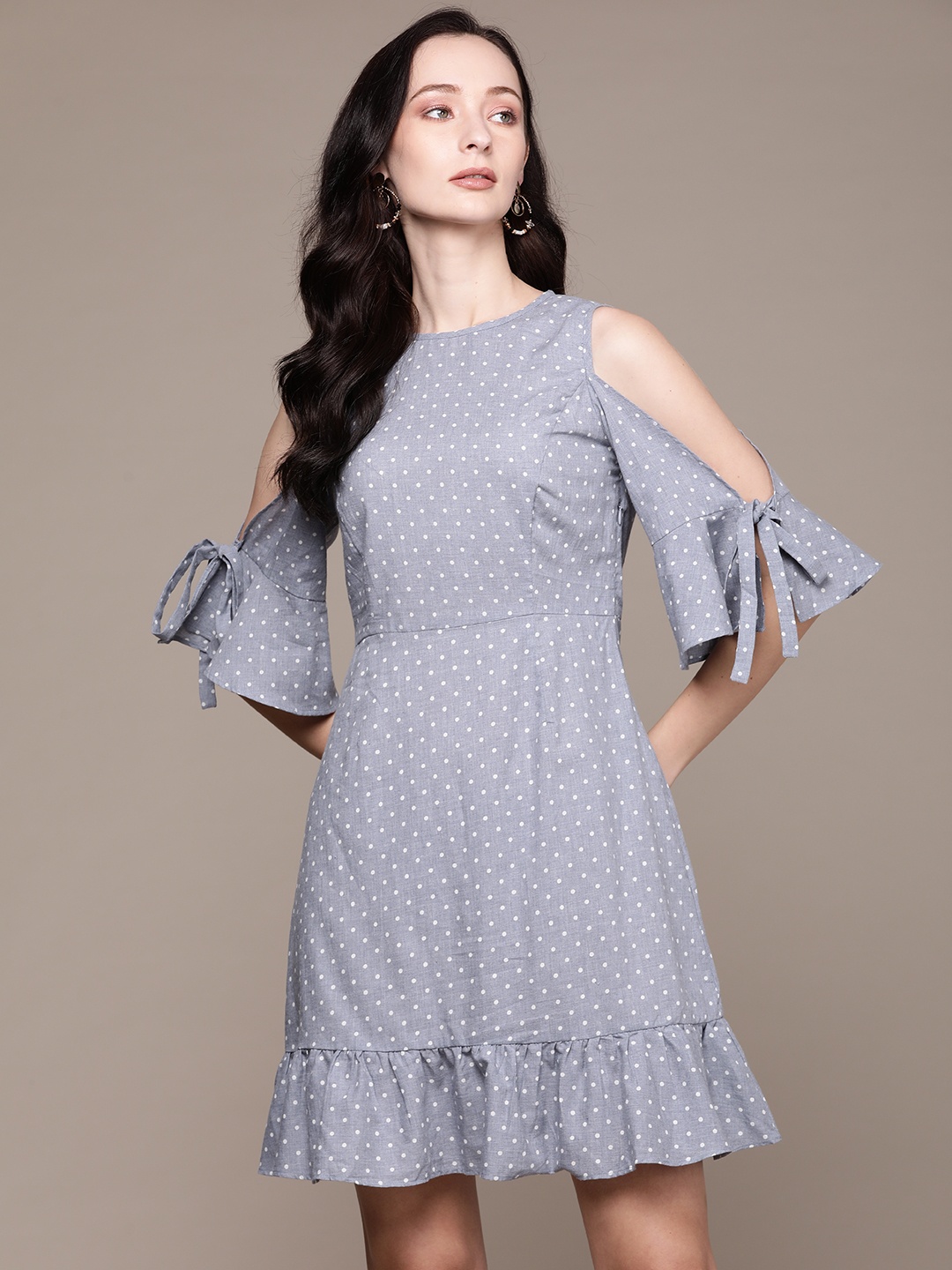 

Label Ritu Kumar Grey & White Polka Dots Print Cotton A-Line Dress